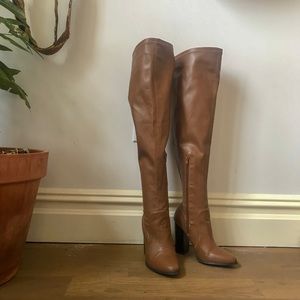 Cognac Leather Thigh-High Boots